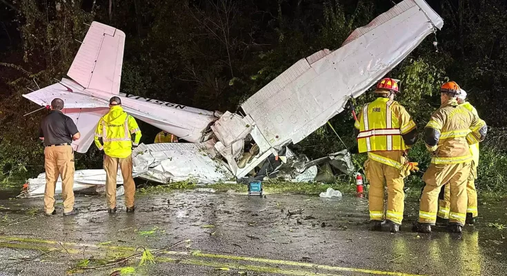 A single-engine plane crashed in Chattanooga, Tennessee, on Nov. 19, 2024. Two people aboard the aircraft survived. Chattanooga Fire Department/Facebook