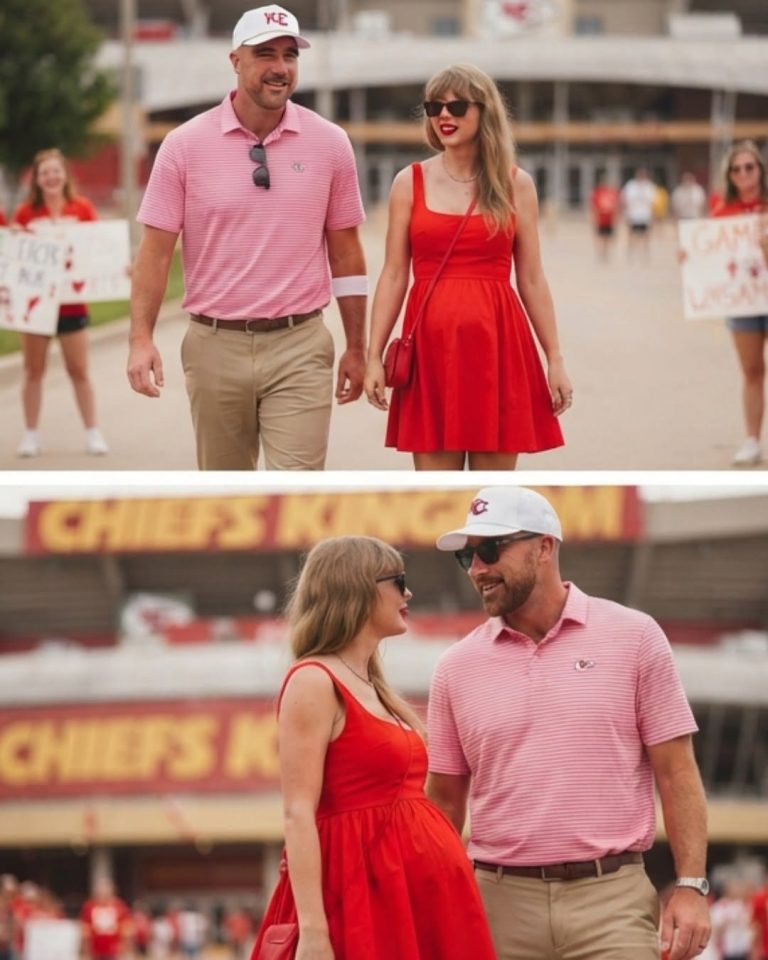 TRAVIS KELCE AND TAYLOR SWIFT TURN HEADS ON GAME DAY! The Chiefs Star Steps Out in a Casual Pink Striped Polo, Khaki Pants, White Cap and Sunglasses While Taylor Stuns in a Striking Red Dress—Fans Can’t Stop Wondering About Her Baby-Bump-Like Silhouette